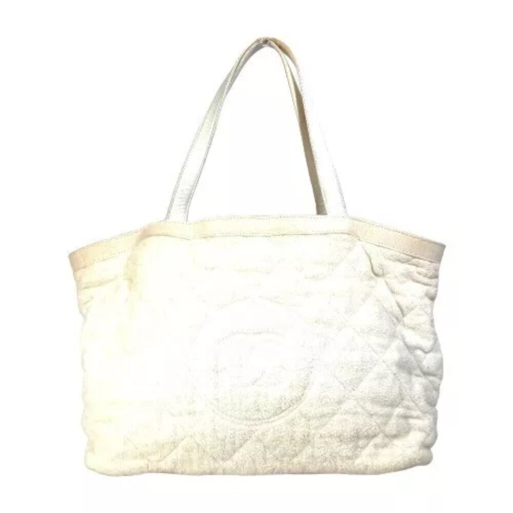 CHANEL beach bag pile CC CC Mark Shoulder Bag Tote Bag cotton / Leather White